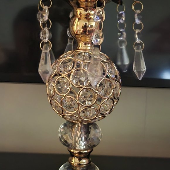 Set of Two 14" Tall Golden Gold Crystal Candlesticks Holders for Home Decor - Picture 2 of 8